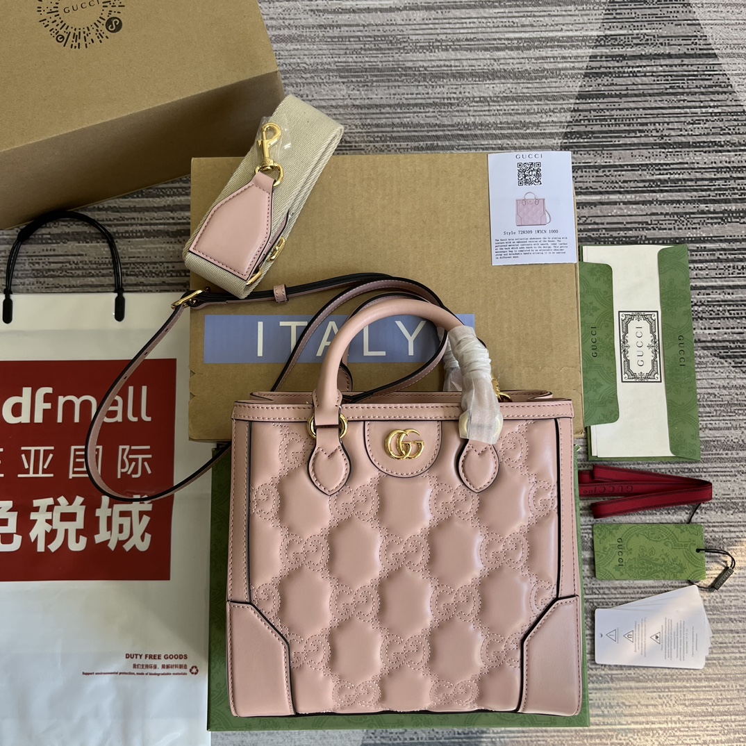 GUCCI GG Matelassé 迷你手提包 粉色皮革 双G配件