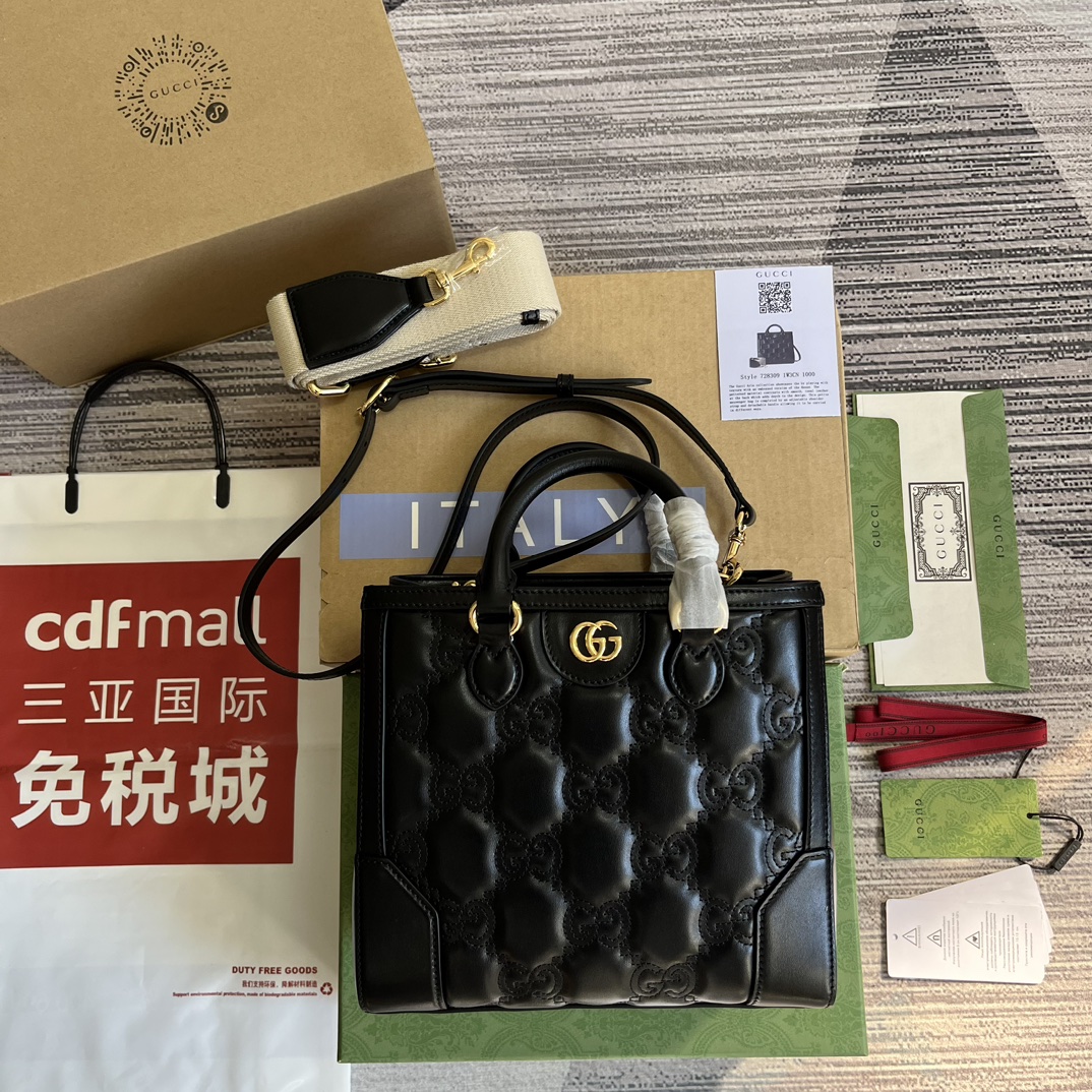 GUCCI GG Matelassé 迷你手提包 黑色皮革 双G配件
