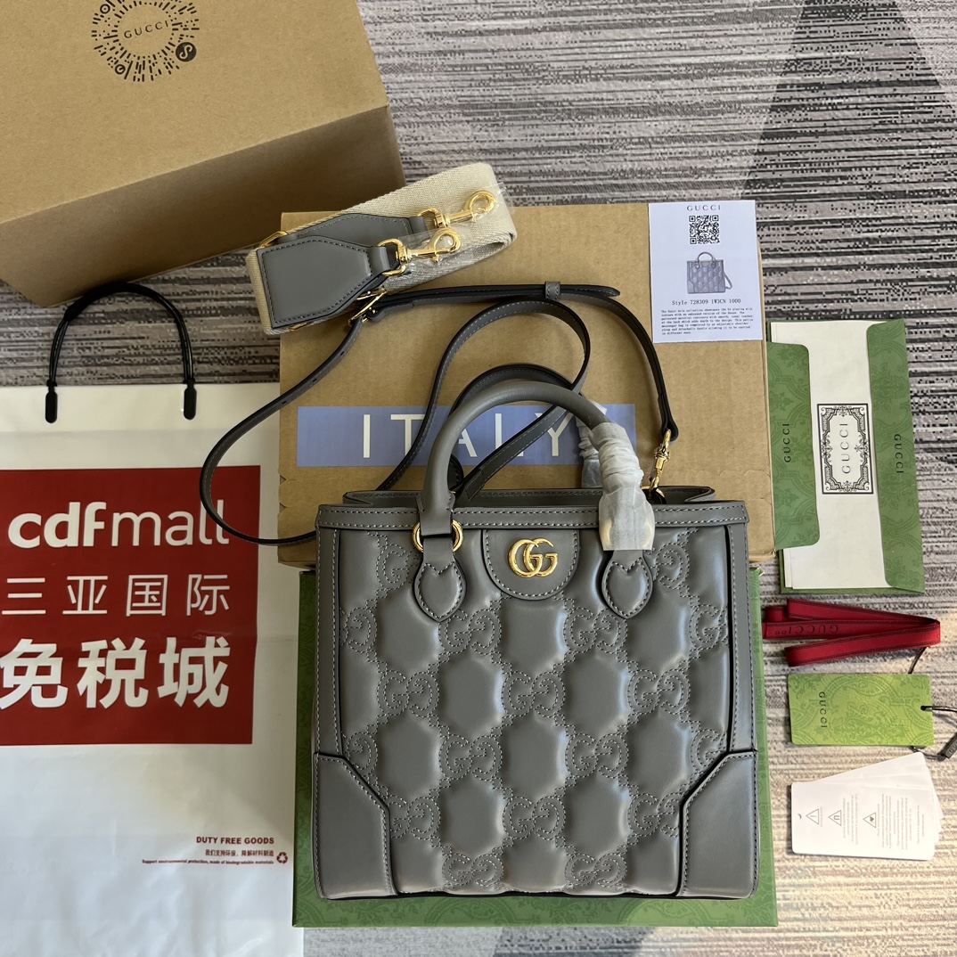 GUCCI GG Matelassé 迷你手提包 灰色 双G配件