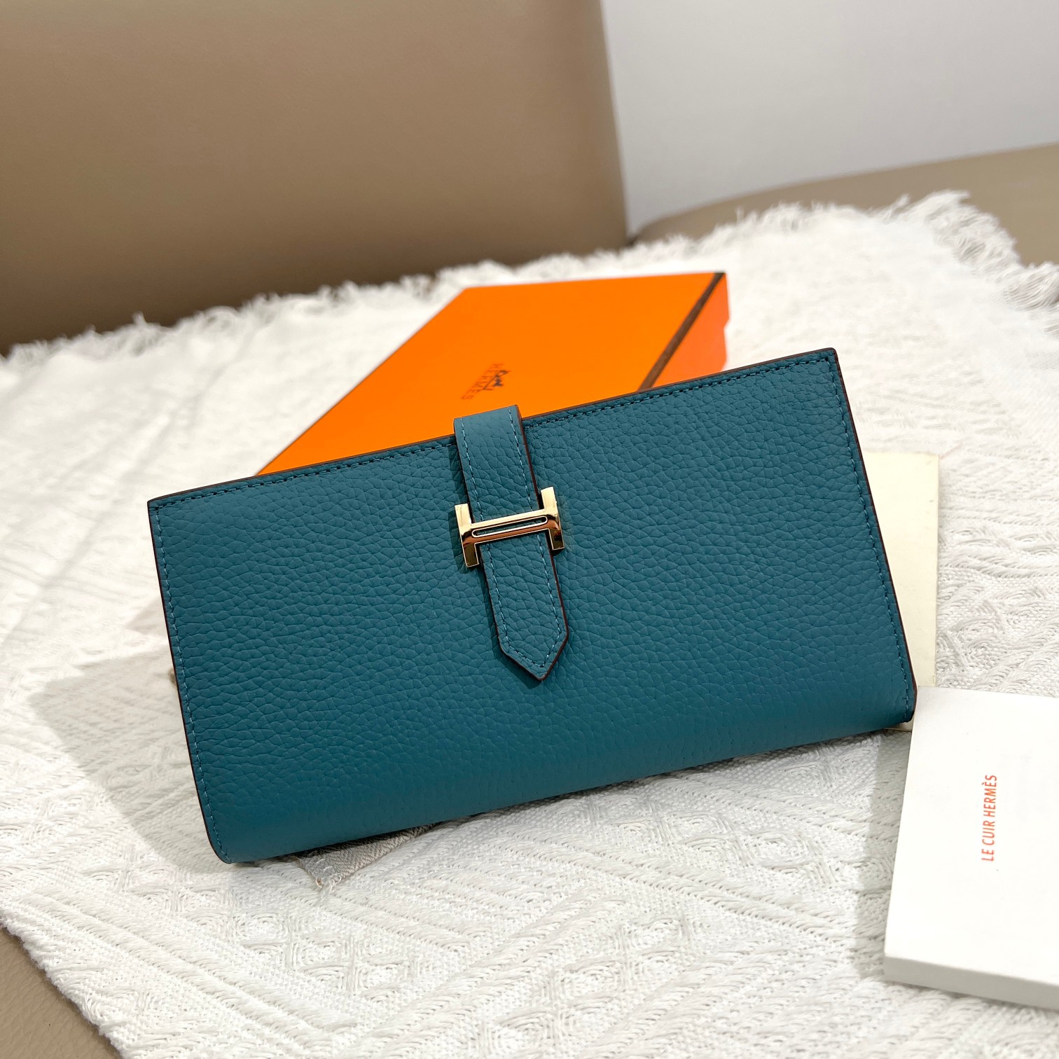 愛馬仕・純色皮革内ラウンドポケット財布