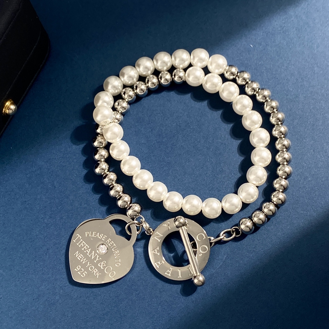 Tiffany Co Return to Tiffany Heart Tag Pearl Bead Wrap Bracelet bracelet Sterling silver white freshwater pearl clear diamond accent 18cm