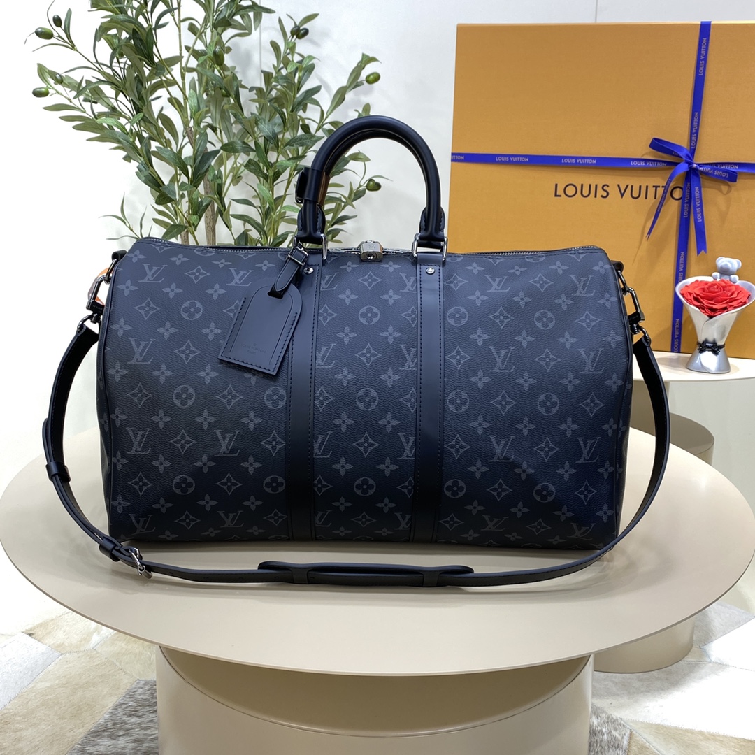 Louis Vuitton LV Keepall 1: 1
 Sacos de Viagem Preto Ouro Damier Azur Canvas Algodão Couro de vaca M41418