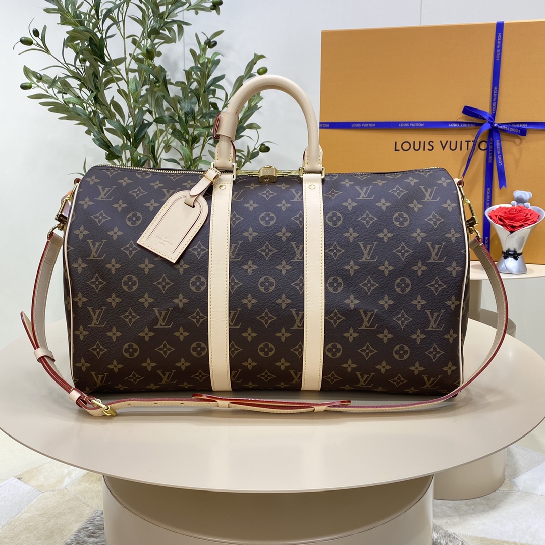 Louis Vuitton LV Keepall Sacos de Viagem Preto Ouro Damier Azur Canvas Algodão Couro de vaca M41418