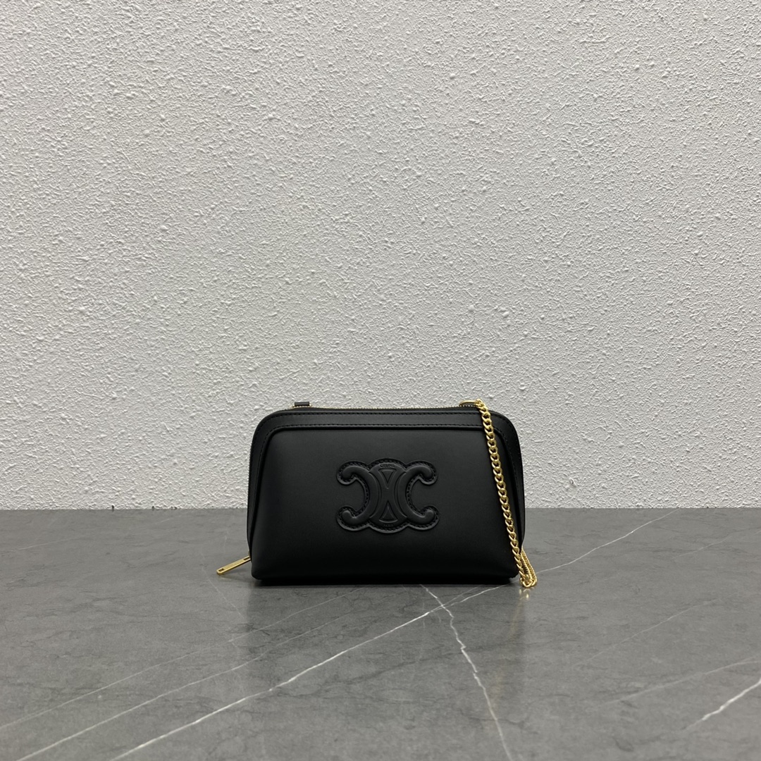 Celine Triomphe Mini Crossbody Tas Zwart Leer met Gouden Ketting