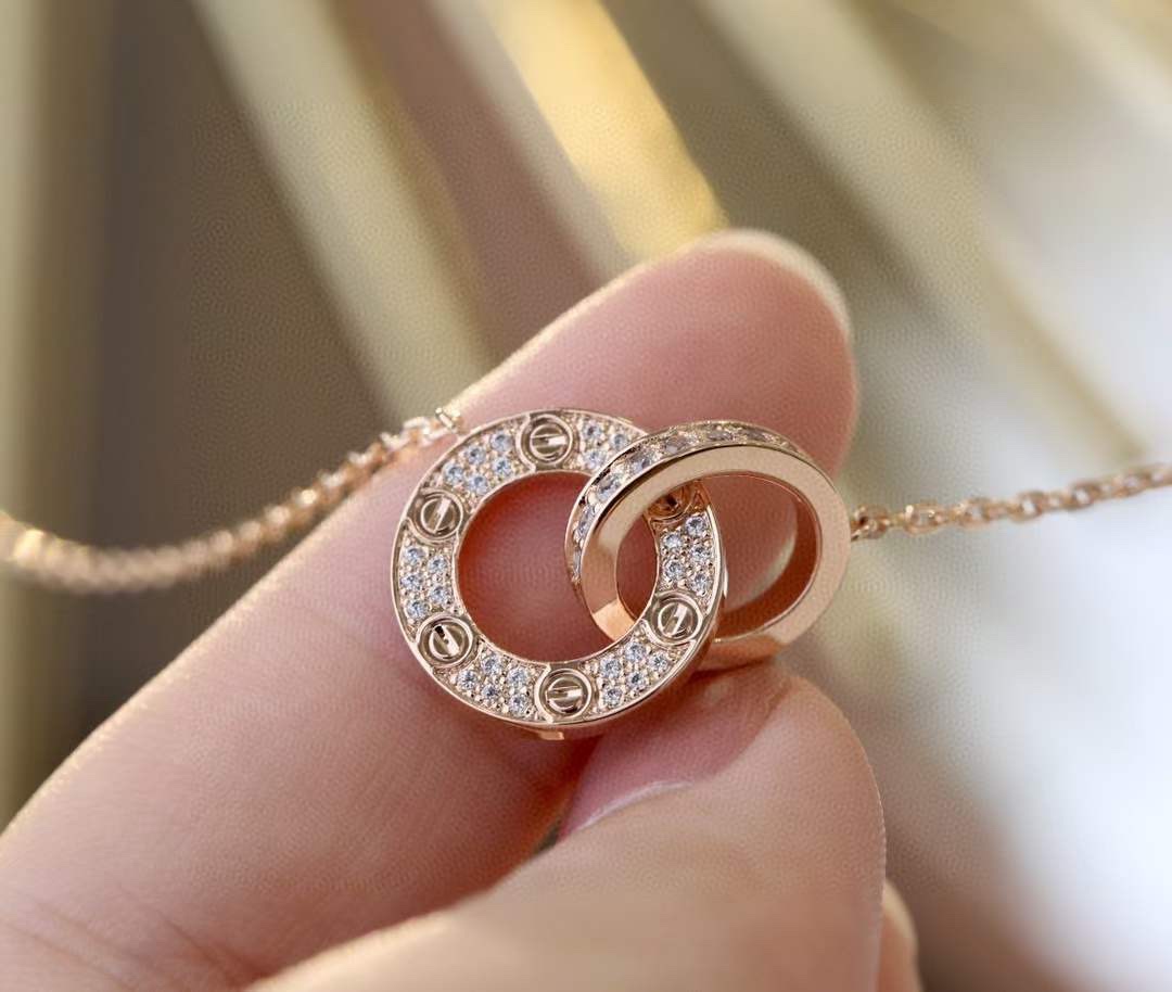 Cartier Cartier 卡地亚 玫瑰金双环满钻圆饼项链