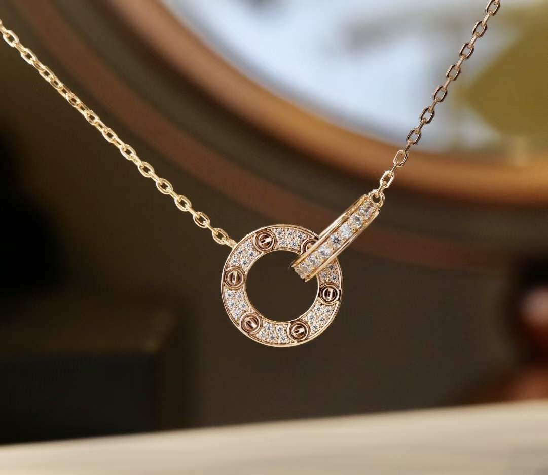 Cartier Cartier 卡地亚 玫瑰金双环满钻圆饼项链