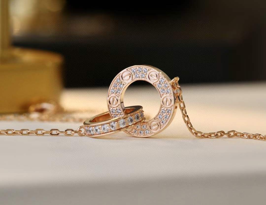 Cartier Cartier 卡地亚 玫瑰金双环满钻圆饼项链