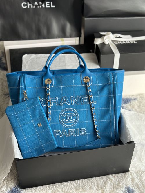 Chanel 2023 Blue Denim Canvas Tote Bag with Calfskin Handles, 38x32x18cm 1 Chanel 2023 Blue Denim Canvas Tote Bag with Calfskin Handles, 38x32x18cm