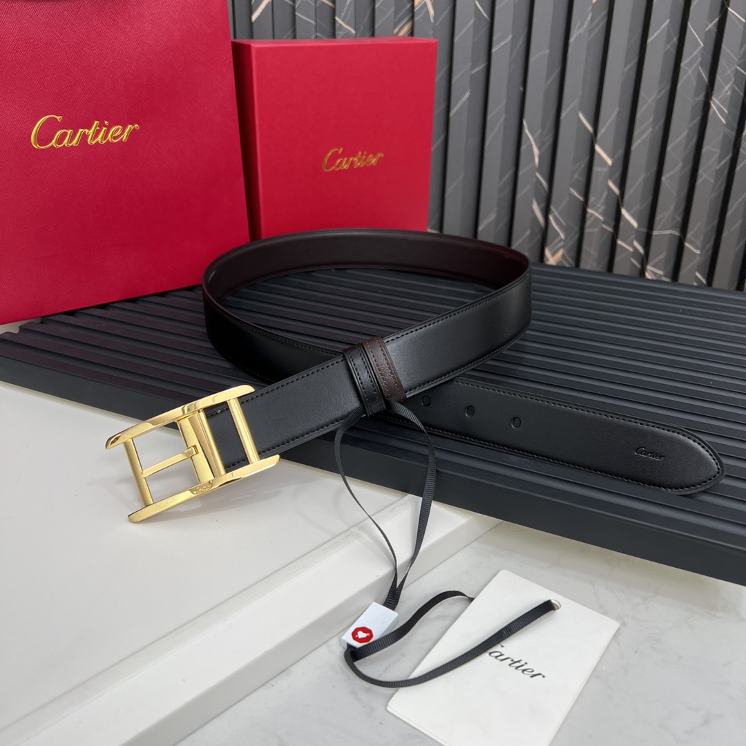 Cartier最新款镀钯饰面针扣式皮带Cartier标志牛皮双面皮带浮雕“Cartier”标志尺寸宽35