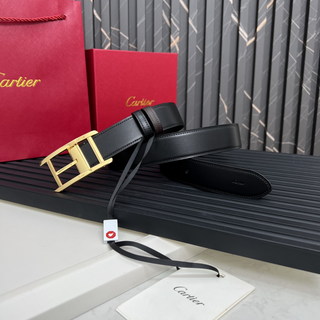 Cartier最新款镀钯饰面针扣式皮带Cartier标志牛皮双面皮带浮雕“Cartier”标志尺寸宽35