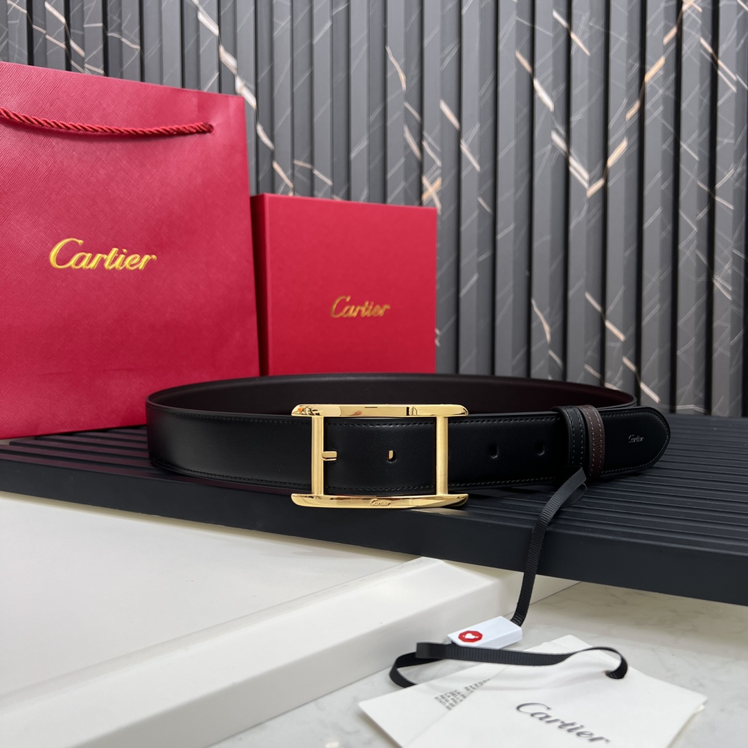 Cartier最新款镀钯饰面针扣式皮带Cartier标志牛皮双面皮带浮雕“Cartier”标志尺寸宽35