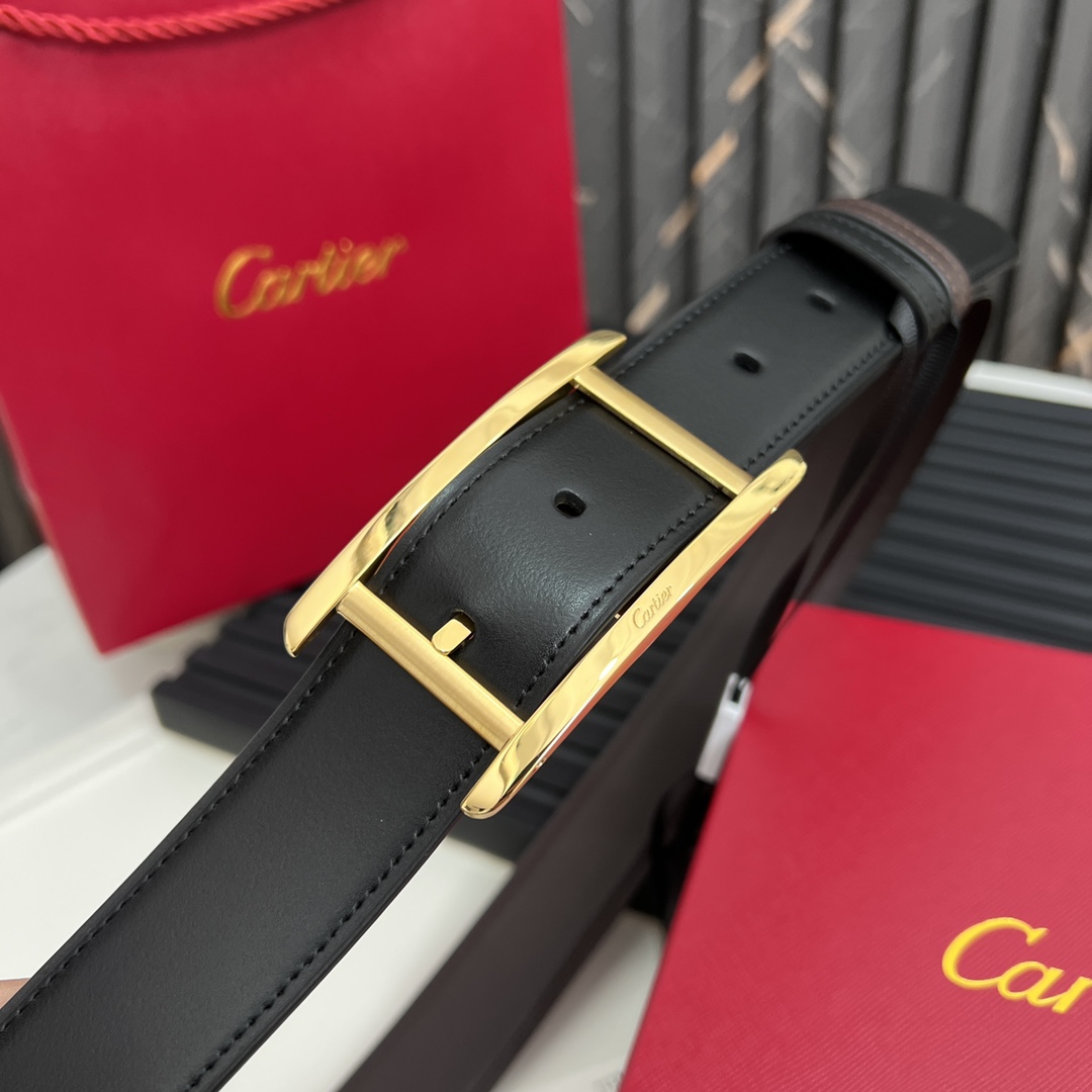 Cartier最新款镀钯饰面针扣式皮带Cartier标志牛皮双面皮带浮雕“Cartier”标志尺寸宽35