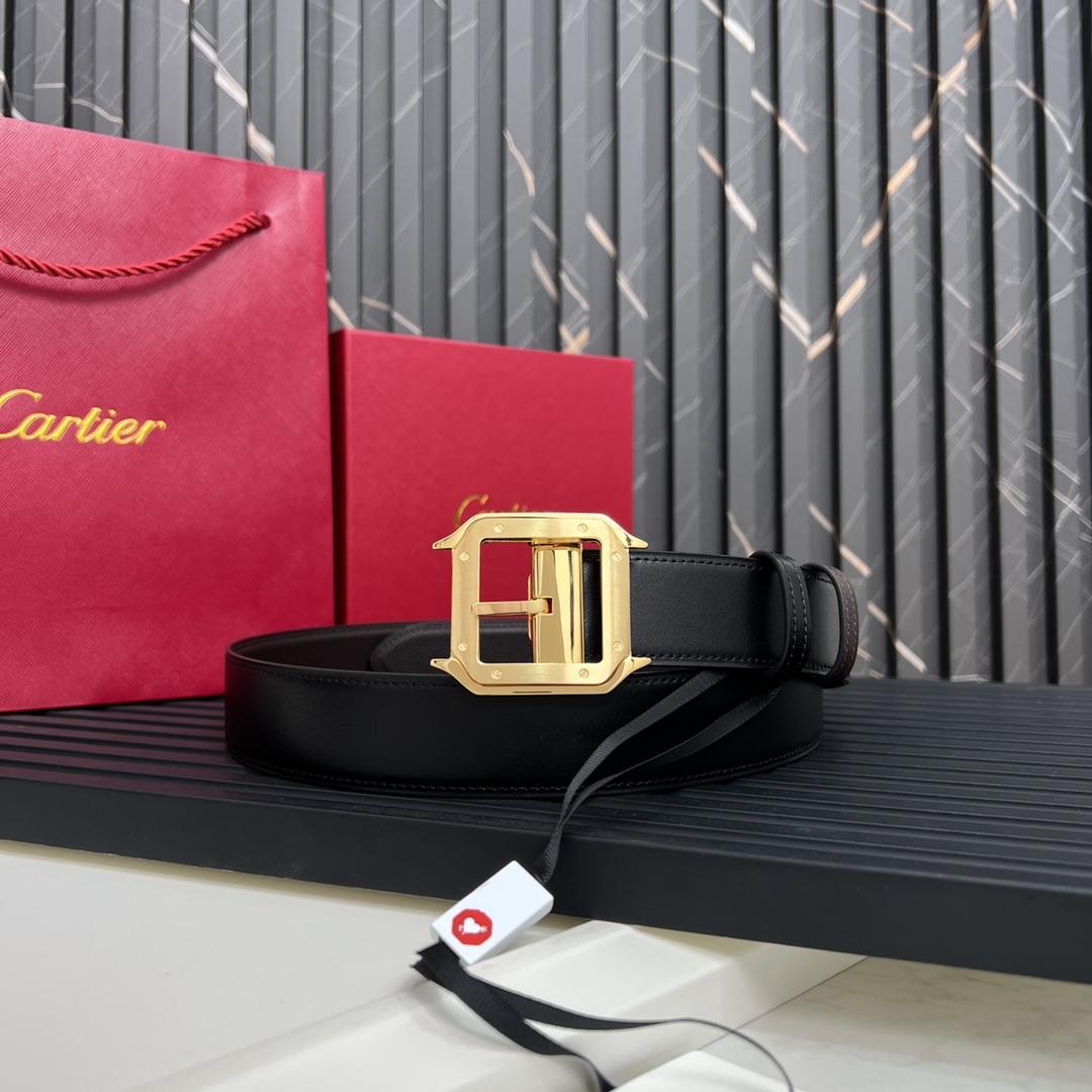 镀钯饰面针扣式皮带Cartier标志黑色与棕色牛皮双面皮带浮雕“Cartier”标志尺寸宽35毫米可调节