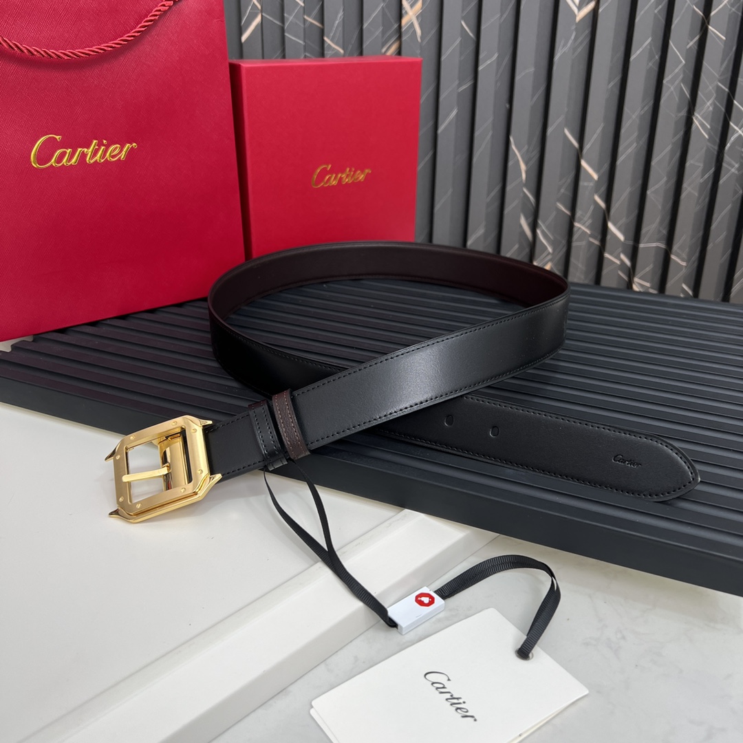 镀钯饰面针扣式皮带Cartier标志黑色与棕色牛皮双面皮带浮雕“Cartier”标志尺寸宽35毫米可调节