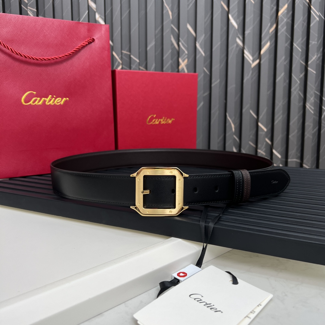 镀钯饰面针扣式皮带Cartier标志黑色与棕色牛皮双面皮带浮雕“Cartier”标志尺寸宽35毫米可调节