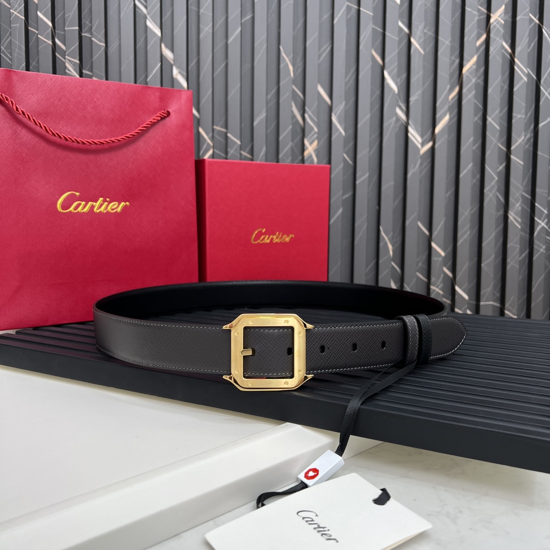 镀钯饰面针扣式皮带Cartier标志黑色与棕色牛皮双面皮带浮雕“Cartier”标志尺寸宽35毫米可调节