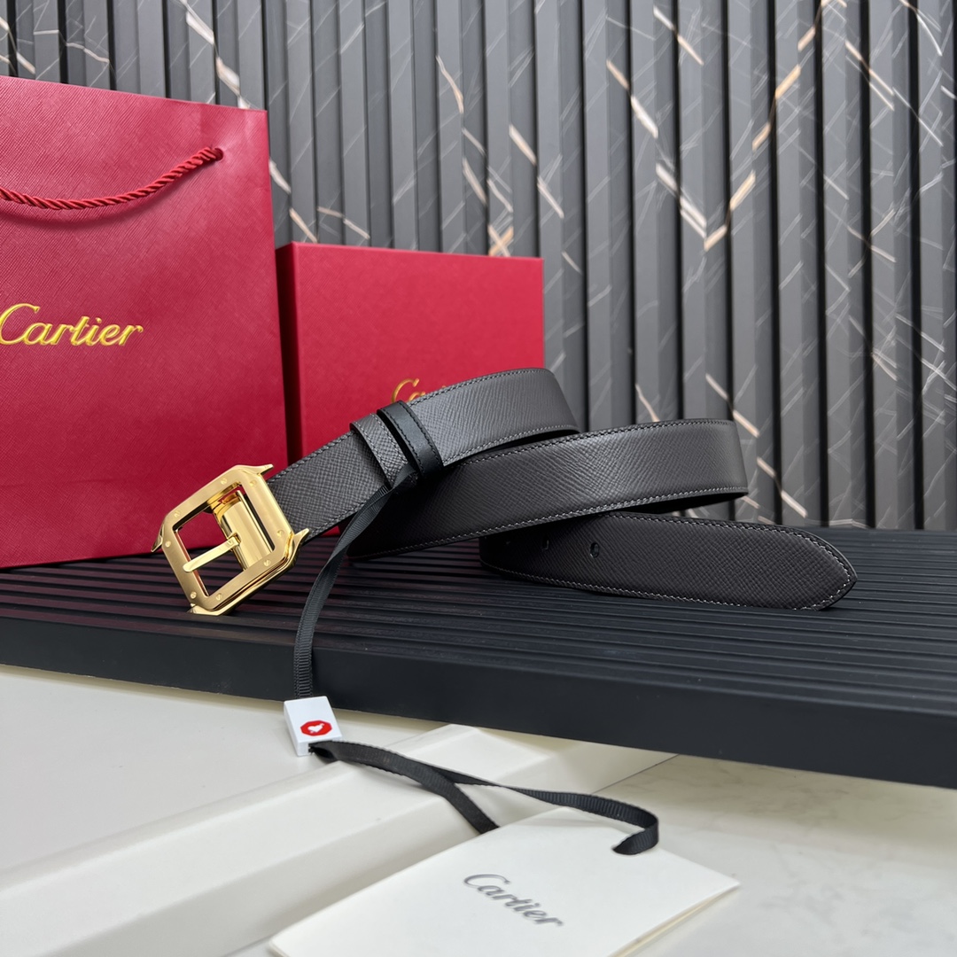 镀钯饰面针扣式皮带Cartier标志黑色与棕色牛皮双面皮带浮雕“Cartier”标志尺寸宽35毫米可调节