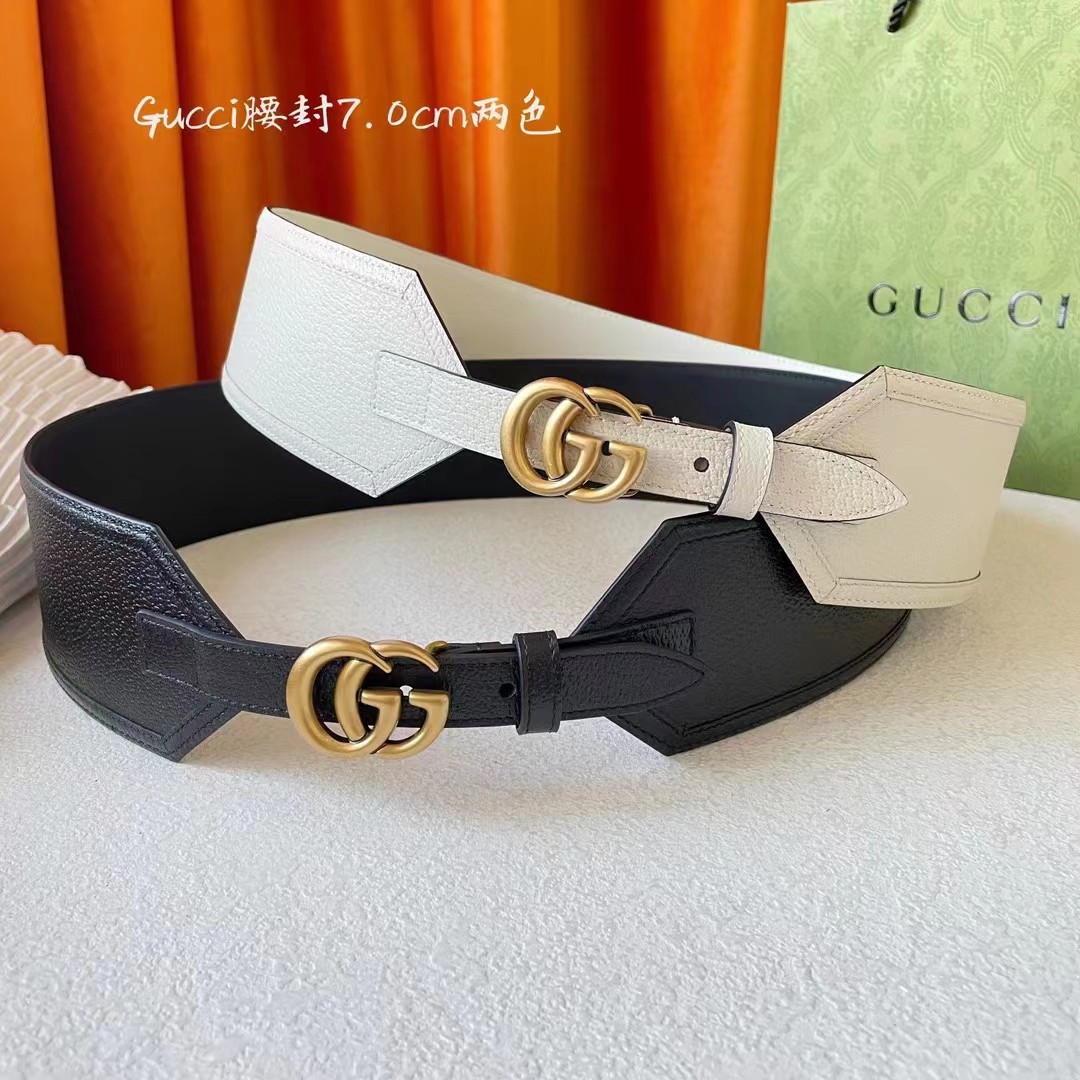 Gucci 经典款面进口原厂猪皮纹小牛皮 搭配原版平纹底  精品双G扣 宽7.0Cm  经典永不过时款 潮流百搭7.0宽