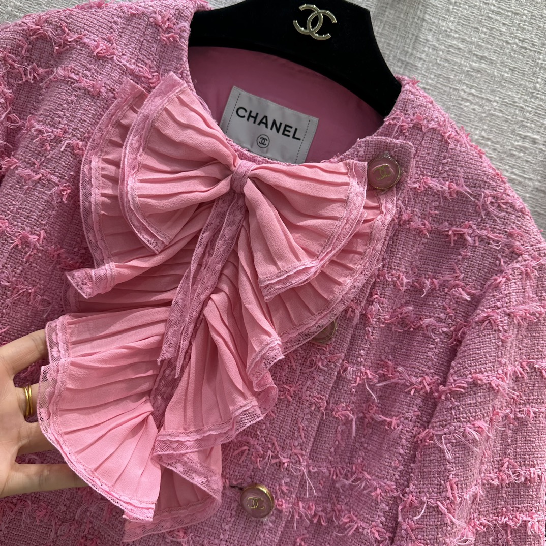 2023Chane*23C春夏新品!樱花粉大蝴蝶结外套