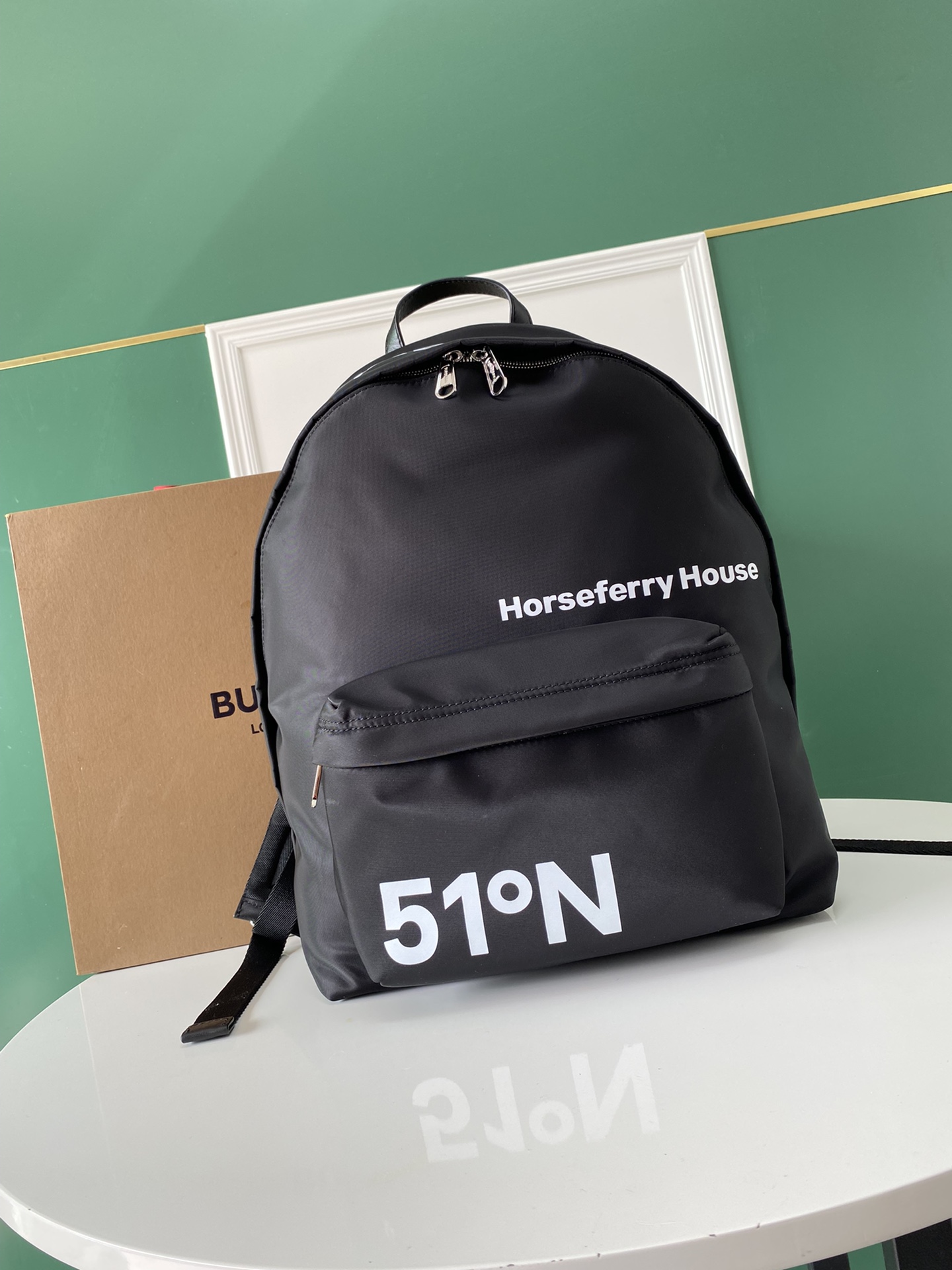 Counter version of B's latest burberry backpack made of selected ECONYL material. ECONYL is a sustainable nylon fabric made from recycled fishing