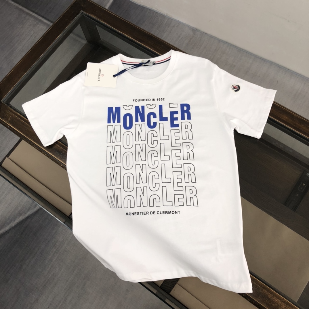 Moncler Clothing T-Shirt Blue White Cotton Fashion