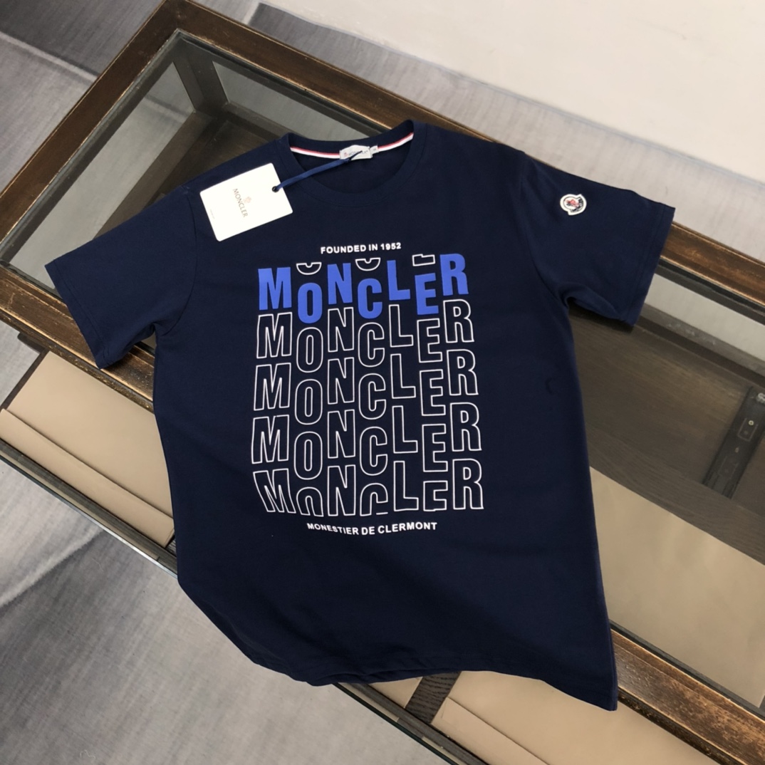 Moncler Clothing T-Shirt Blue White Cotton Fashion