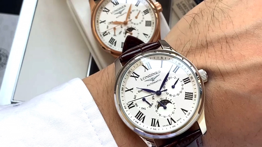 Longines Zegarek Róża Różowe złoto Biały Mężczyźni Skóra cielęca krowia Fashion Casual Automatic Mechanical Movement Pasek ze skóry cielęcej