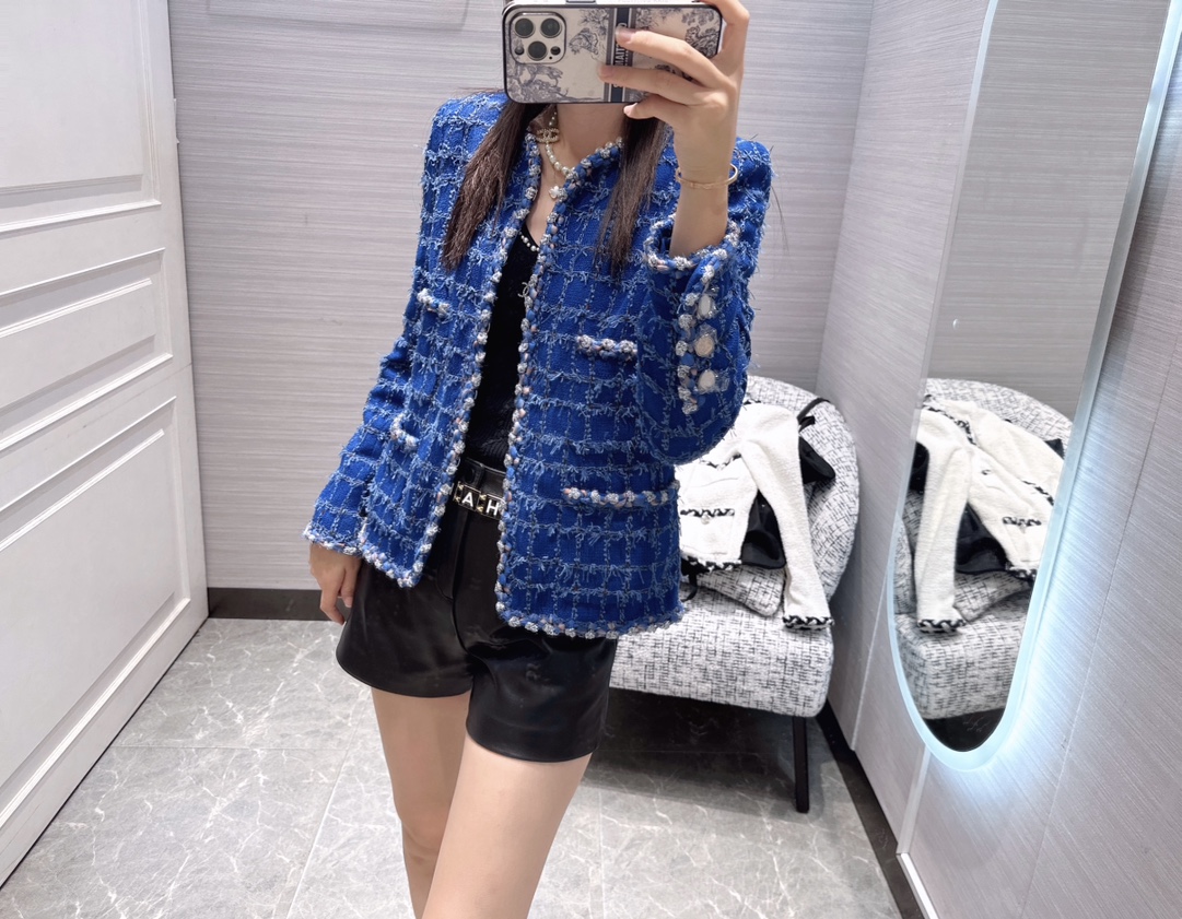 2023Chane*23c早春新品!王一博同款本季最美海蓝色格纹外套