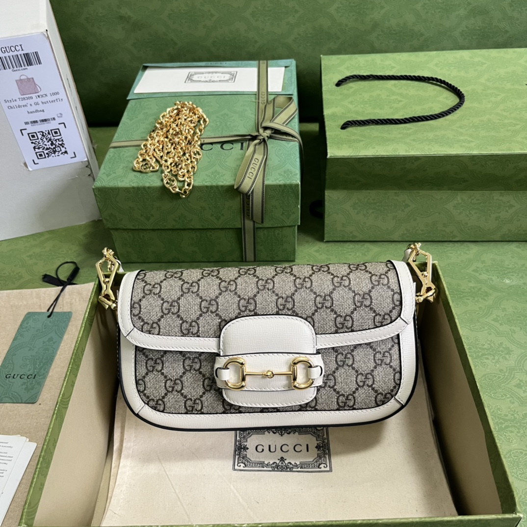 Gucci Horsebit Tassen Schoudertas Beige Goud Wit Canvas PVC 1955