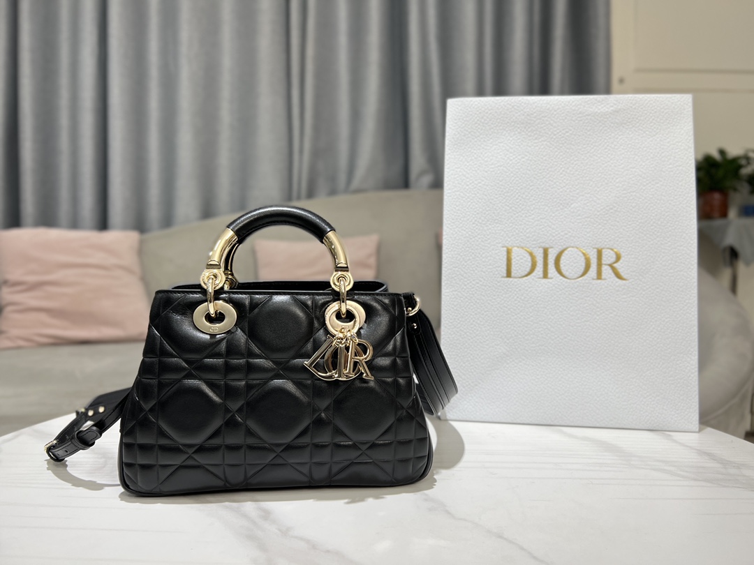 Dior Lady Handbags Crossbody & Shoulder Bags Black White Gold Hardware Cowhide