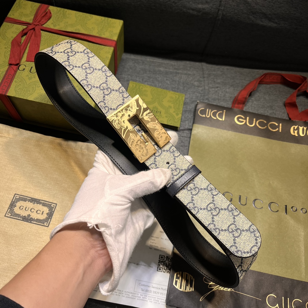  古奇，宽4.0cm，方形G搭扣是这款皮革男士腰带的亮点元素。这款配件借鉴品牌的典藏设计，以超大造型呈现