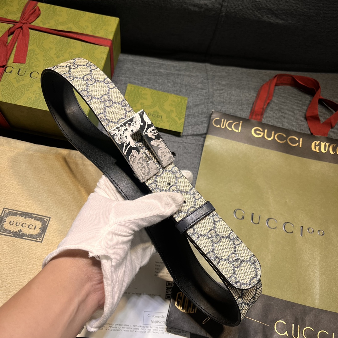  古奇，宽4.0cm，方形G搭扣是这款皮革男士腰带的亮点元素。这款配件借鉴品牌的典藏设计，以超大造型呈现