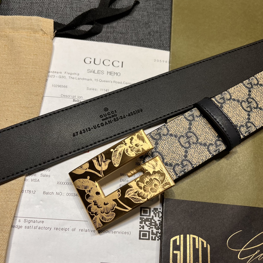  古奇，宽4.0cm，方形G搭扣是这款皮革男士腰带的亮点元素。这款配件借鉴品牌的典藏设计，以超大造型呈现