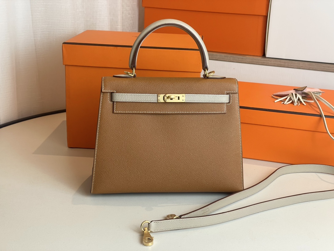 Hermes Kelly Handbags Crossbody & Shoulder Bags Brown Coffee Color Gold Hardware Epsom Frosted Sheepskin