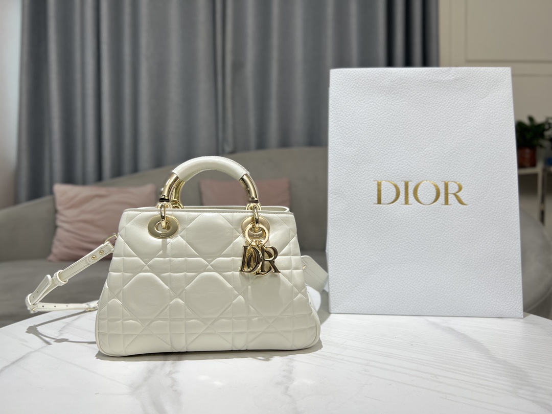 Dior Lady Handbags Crossbody & Shoulder Bags Black White Gold Hardware Cowhide