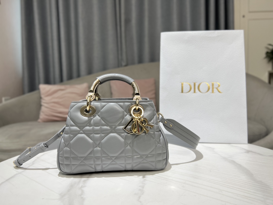 Dior Lady Handbags Crossbody & Shoulder Bags Grey Gold Hardware Cowhide