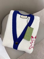 Gucci Clothing Cardigans Knit Sweater Blue White Embroidery Unisex Knitting Wool Spring Collection