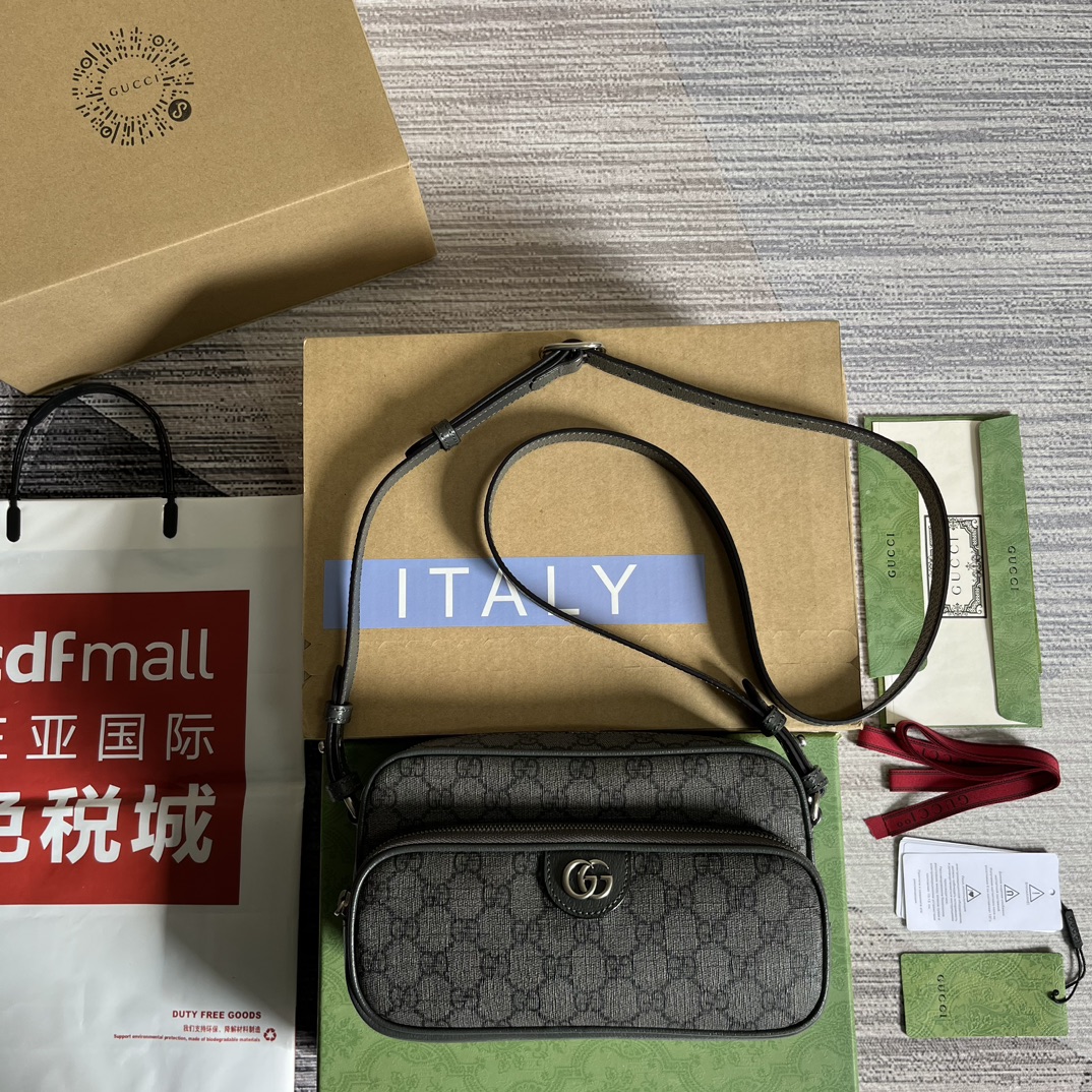 GUCCI Ophidia мини-сумка GG Supreme канвас серая лента двойная G фурнитура застежка на молнию
