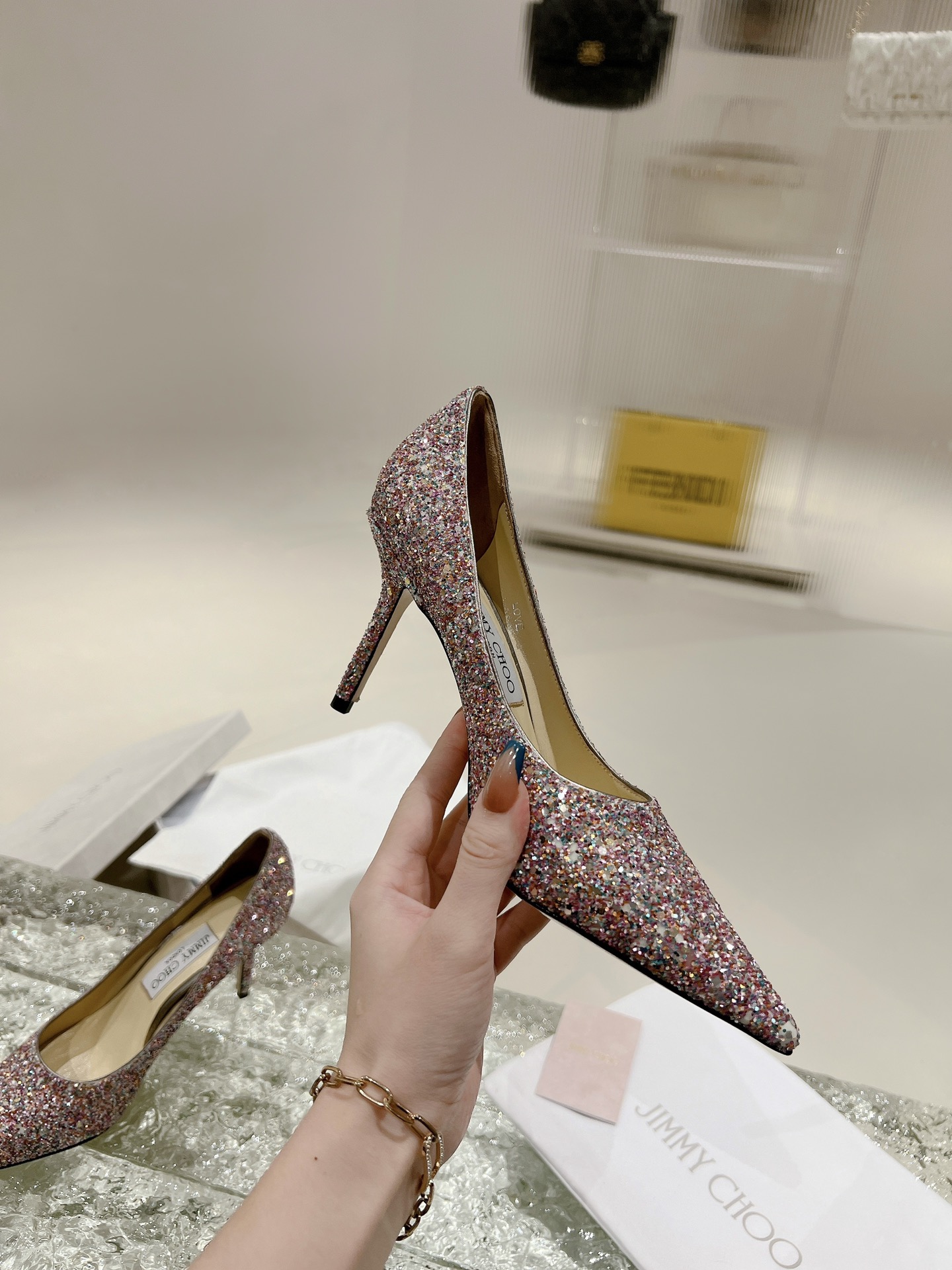 JIMMY CHOO ハイヒール ポインテッドトゥパンプス 高温ホットフィックスラインストーン+輸入シープスキン フルグレインクリスタルシープレザー 1.0/6.5/8.5cm