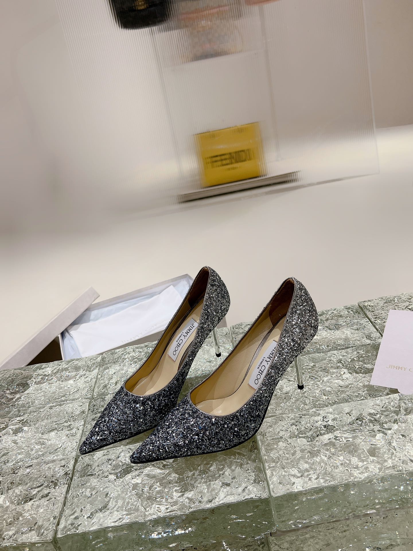 JIMMY CHOO абцас высокага ходу, востраносыя туфлі з адкрытым наском, гарачая апрацоўка стразамі + імпартаваная авечая скура кіт, поўназерністая крыштальная авечая скура 1.0/6.5/8.5cm