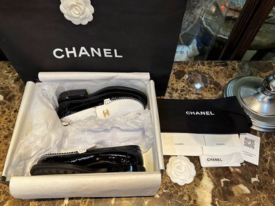 Chanel Shoes Loafers Black White Patent Leather