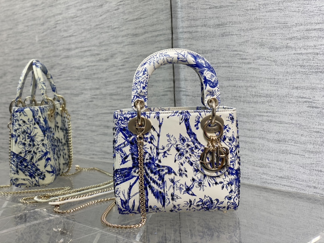 Lady Dior Bag Blue Embroidered Magpie Pattern Three-Compartment Handbag Crossbody Bag