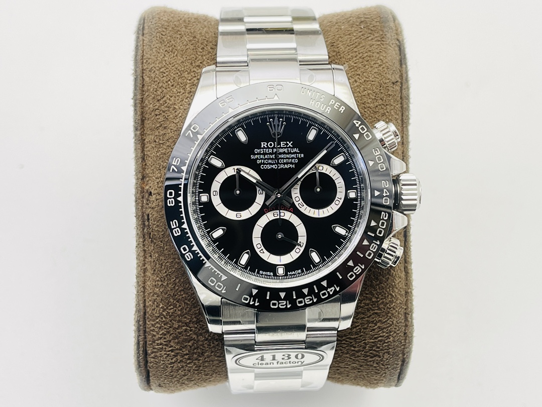 NO:143109,[CLEAN Factory wall crack recommendation, the highest version in the market] Rolex Rolex Ditona watch!  Model: 116500 Size: 40 mm, thickness 12.2 mm Function: hour, minute, second, time display Movement: Customized movement Power reserve: 72 hours Mirror: sapphire glass mirror Literal: white, black material: 904L stainless steel strap: 904L steel belt Ring mouth: clean ceramic ring-plated platinum film Luminous: Swiss luminous coating Waterproof: m Weight: g CLEAN Factory Produced by Rolex Ditona Eight highlights: 1clean factory Ditona movement watch thickness 12.2mm, other versions of the market 7750 fake plyboard movement, thinning the movement thickness by lowering the needle bar. The stability is extremely poor and cannot be consistent with the authentic product. 2 Use movement (formerly N Dandong Factory), and the plyboard behind it is brighter with engraving and electroplating fonts.  3 The buckle is upgraded again in proportion. 4 The case adopts the polished gloss size of the bottom cover and the curve of the tooth edge. 5 The needle is upgraded, three q small second hands and large second hands are all customized according to a single branch and solid needle cover. The needle cap is mushroom-shaped like a round head. 6 Cerachrom is upgraded with Cerachrom and platinum-plated fonts to keep the color unchanged, and the font thickness is updated. 7 The literals are made of Swiss ink and Korean ceramics to make it thick and pure milky white without color difference. Say goodbye to the black 