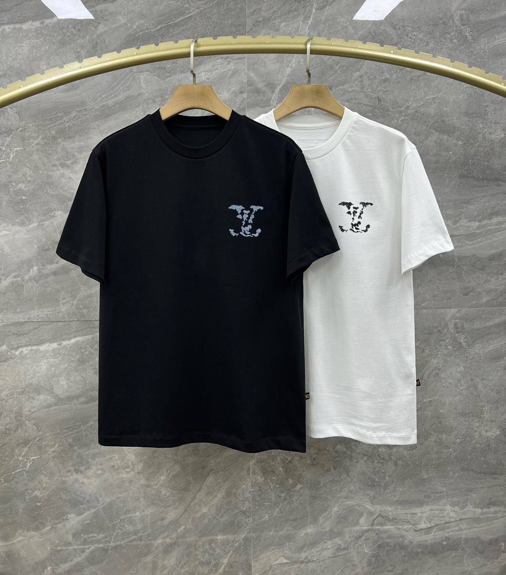 Louis Vuitton Clothing T-Shirt Black White Embroidery Unisex Cotton Fashion Short Sleeve