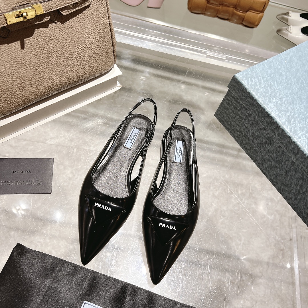 PRADA Pointed-Toe Patent Leather Slingback Flats