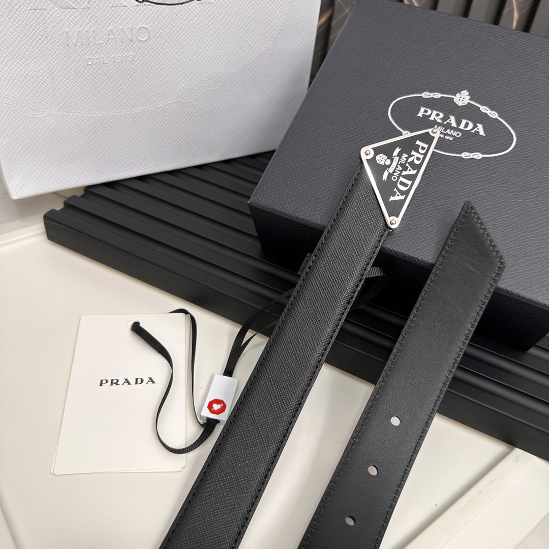 Prada Logo Saffiano Leather Belt with Metal Coated Triangle Design, 2CM Width - 图片 6