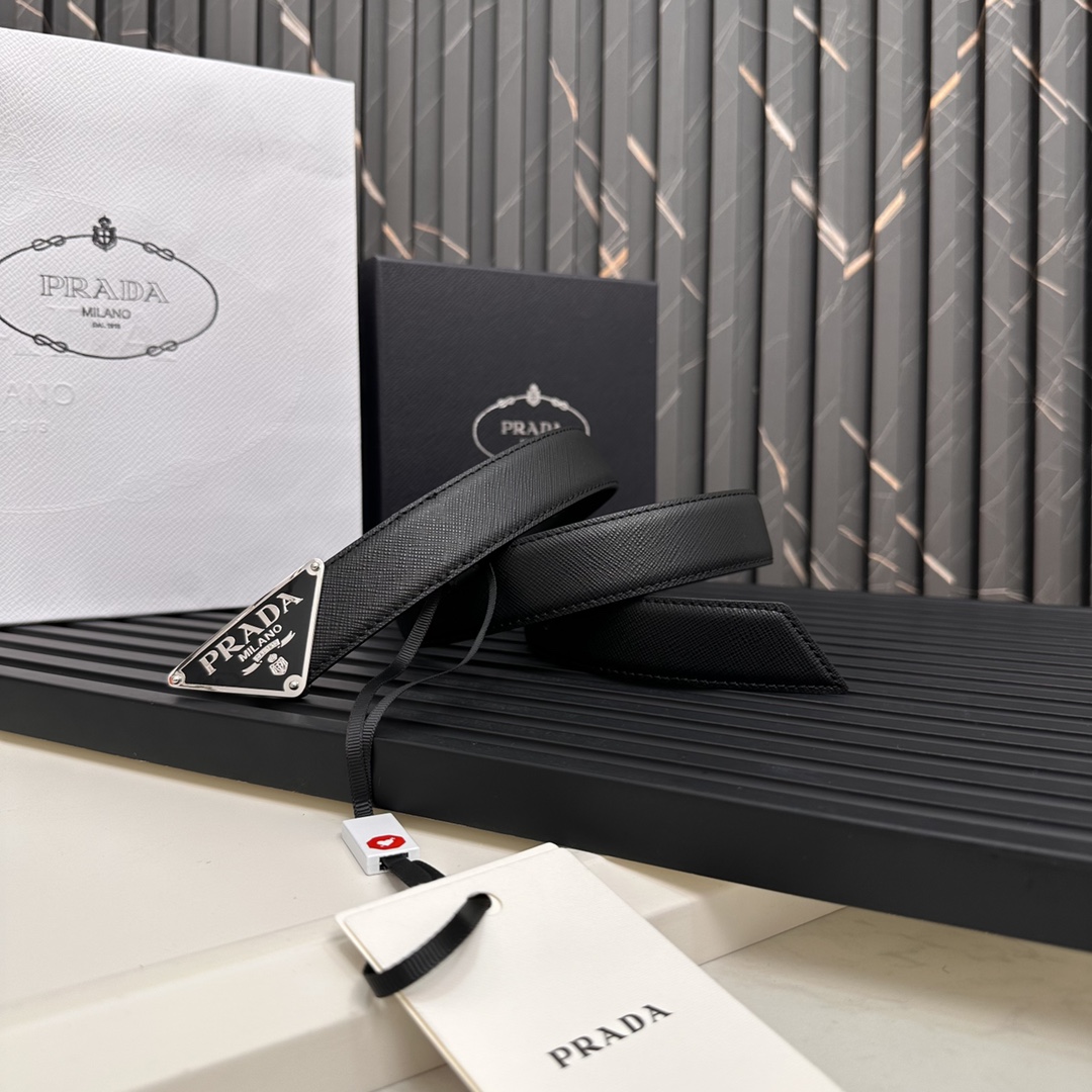 Prada Logo Saffiano Leather Belt with Metal Coated Triangle Design, 2CM Width - 图片 3