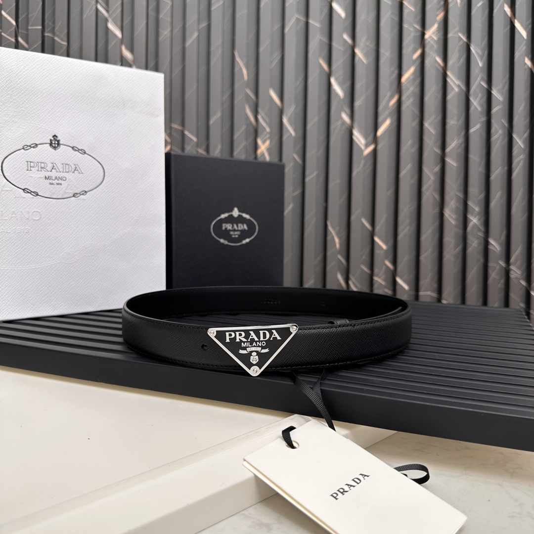 Prada Logo Saffiano Leather Belt with Metal Coated Triangle Design, 2CM Width - 图片 1