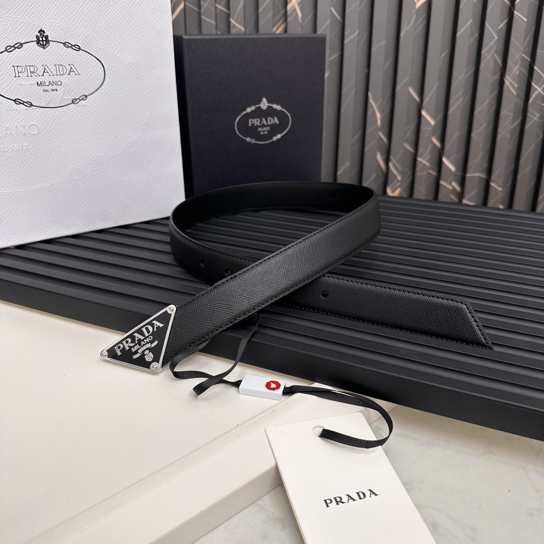 Prada Logo Saffiano Leather Belt with Metal Coated Triangle Design, 2CM Width - 图片 5