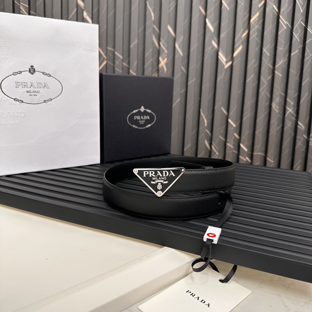 Prada Logo Saffiano Leather Belt with Metal Coated Triangle Design, 2CM Width - 图片 2